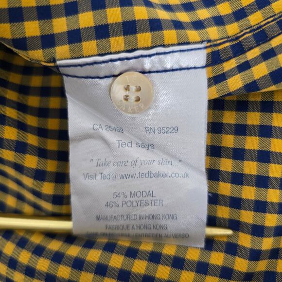 TED BAKER London Men Shirt Gingham Check Yellow Blue Size 4 L/XL Short sleeve - Picture 14 of 15